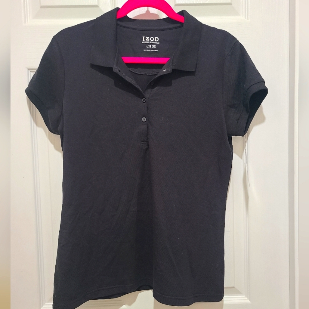 Izod Approved Schoolwear Girls Junior Black Button Down Polo Shirt Size 15